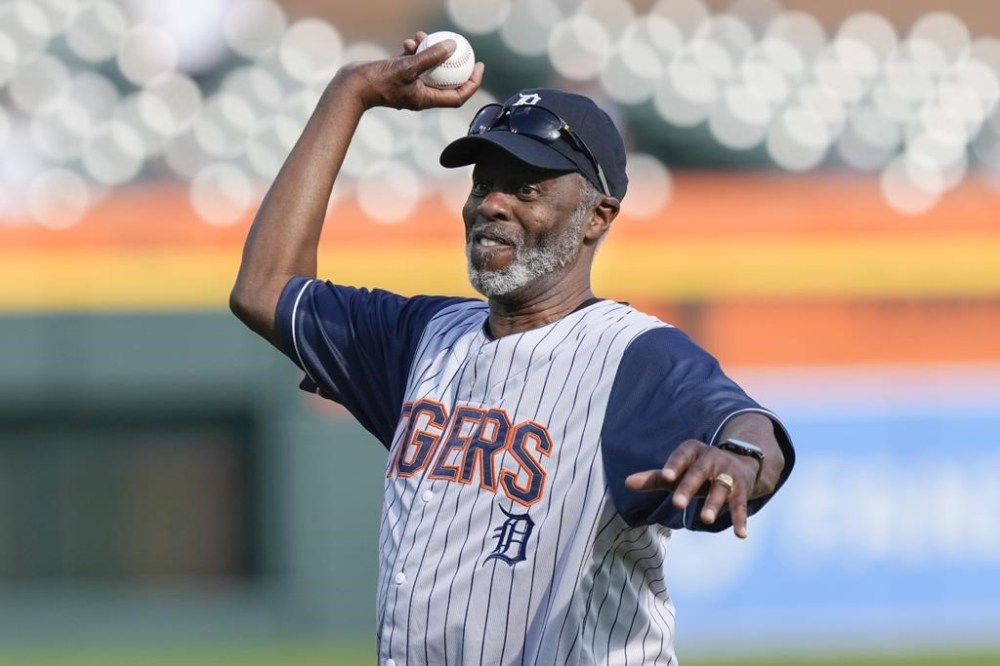 FILE - Greg Harden throws out the ceremonial first pitch before the first inning of a baseball game between the Detroit Tigers and the Kansas City Royals, June 19, 2023, in Detroit. (AP Photo/Carlos Osorio, File)
