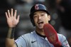 Cleveland Guardians' Steven Kwan celebrates after scoring on a single by Josh Naylor during the first inning of a baseball game against the Chicago White Sox, Monday, Sept. 9, 2024, in Chicago. (AP Photo/Erin Hooley)