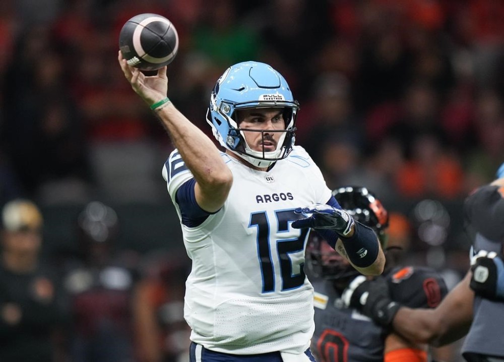 Toronto Argonauts quarterback Chad Kelly passes during the first half of a CFL football game against the B.C. Lions, in Vancouver, on Friday, September 13, 2024. THE CANADIAN PRESS/Darryl Dyck