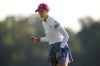 United States' Nelly Korda celebrates after sinking a putt on the 10th hole during a Solheim Cup golf tournament foursome match at Robert Trent Jones Golf Club, Saturday, Sept. 14, 2024, in Gainesville, Va. (AP Photo/Matt York)