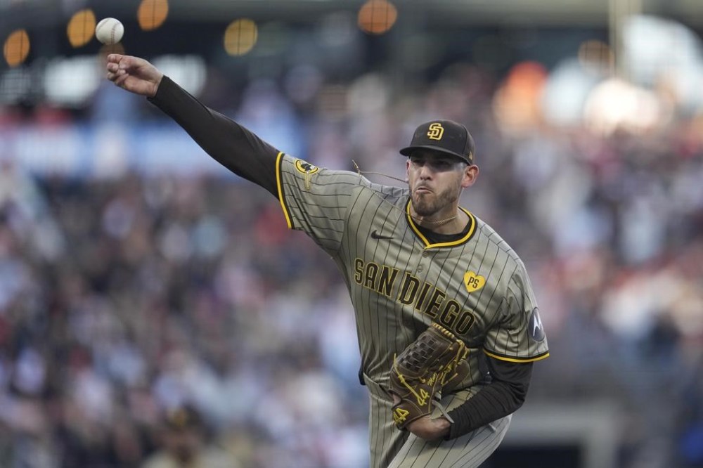 San Diego Padres pitcher Joe Musgrove works against the San Francisco Giants during the first inning of a baseball game in San Francisco, Saturday, Sept. 14, 2024. (AP Photo/Jeff Chiu)