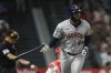 Houston Astros designated hitter Yordan Alvarez runs the bases after hitting a home run during the fifth inning of a baseball game against the Los Angeles Angels in Anaheim, Calif., Saturday, Sept. 14, 2024. Jose Altuve also scored. (AP Photo/Ashley Landis)