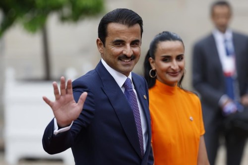 Emir of Qatar Sheikh Tamim bin Hamad bin Khalifa Al Thani and Sheikha Hind bint Hamad bin Khalifa al-Thani arrive at the Elysee Palace ahead of an opening ceremony at the 2024 Summer Olympics, Friday, July 26, 2024, in Paris, France. The Prime Minister’s Office says the Emir of Qatar will arrive in Ottawa for a two-day trip this week. THE CANADIAN PRESS/AP-Aurelien Morissard