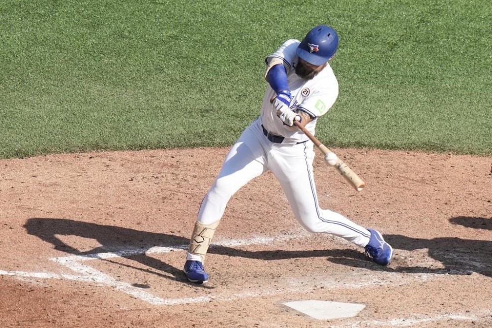 Toronto Blue Jays outfielder Nathan Lukes hits an RBI double off St. Louis Cardinals pitcher Andrew Kittredge during eighth inning interleague MLB baseball action in Toronto, Sunday September 15, 2024. THE CANADIAN PRESS/Chris Young
