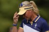 Europe's Vice Captain Anna Nordqvist reacts after missing a putt on the sixth green during a Solheim Cup golf tournament singles match at the Robert Trent Jones Golf Club, Sunday, Sept. 15, 2024, in Gainesville, Va. (AP Photo/Matt York)