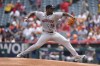 Houston Astros starting pitcher Ronel Blanco throws during the first inning of a baseball game against the Los Angeles Angels in Anaheim, Calif., Sunday, Sept. 15, 2024. (AP Photo/Ashley Landis)
