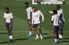 Real Madrid's Kylian Mbappe, centre, laughs during a training session in Madrid, Spain, Monday, Sept. 16, 2024. Real Madrid will play VfB Stuttgart Tuesday in a Champions League soccer match. From left to right, Vinicius Junior, Aurelien Tchouameni, Kylian Mbappe, Endrick and Antonio Rudiger. (AP Photo/Paul White)