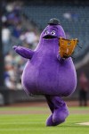 FILE - McDonald's character Grimace throws out a ceremonial first pitch before a baseball game between the Miami Marlins and the New York Mets, June 12, 2024, in New York. (AP Photo/Rich Schultz, File)