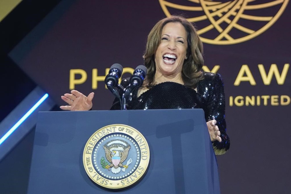 Democratic presidential nominee Vice President Kamala Harris speaking at the Congressional Black Caucus Foundation's Phoenix Awards Dinner in Washington, Saturday, Sept. 14, 2024. (AP Photo/Mark Schiefelbein)