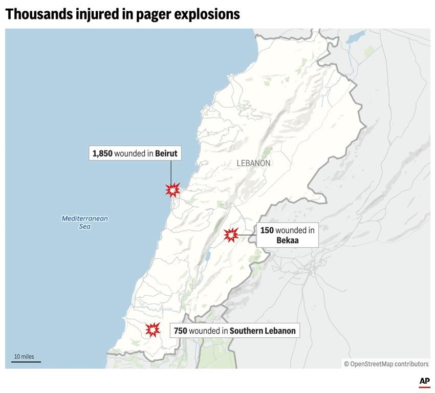 Map shows the number of people wounded by pager explosions in various Lebanese cities. (AP Digital Embed)