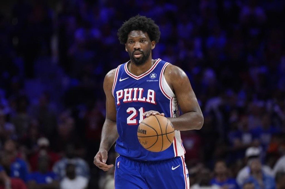 FILE - Joel Embiid of the Philadelphia 76ers plays during Game 6 of a first-round NBA basketball playoff series, Thursday, May 2, 2024, in Philadelphia. (AP Photo/Matt Slocum, file)