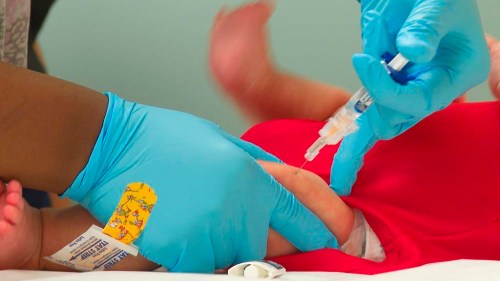 An infant receives a routine vaccination at First Georgia Physician Group Pediatrics in Fayetteville, Ga., Tuesday, Aug. 17, 2021. Whooping cough is on the decline in Quebec just as Ontario is on track to record a number of cases and infections climb in eastern provinces. THE CANADIAN PRESS/AP/Angie Wang