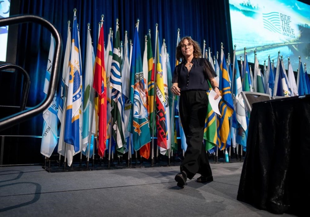 B.C. Green Party leader Sonia Furstenau, leaves the stage during the Union of BC Municipalities convention in Vancouver on Friday, September 20, 2024. THE CANADIAN PRESS/Ethan Cairns