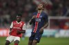 PSG's Bradley Barcola reacts during the French League One soccer match between Reims and Paris Saint-Germain at the the Stade Auguste-Delaune in Reims, eastern France, Saturday, Sept. 21, 2024. (AP Photo/Thibault Camus)