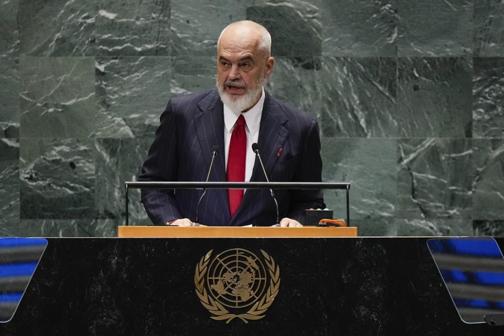 The Prime Minister of Albania Edi Rama speaks to the United Nations General Assembly during Summit of the Future, Sunday, Sept. 22, 2024 at U.N. headquarters. (AP Photo/Frank Franklin II)