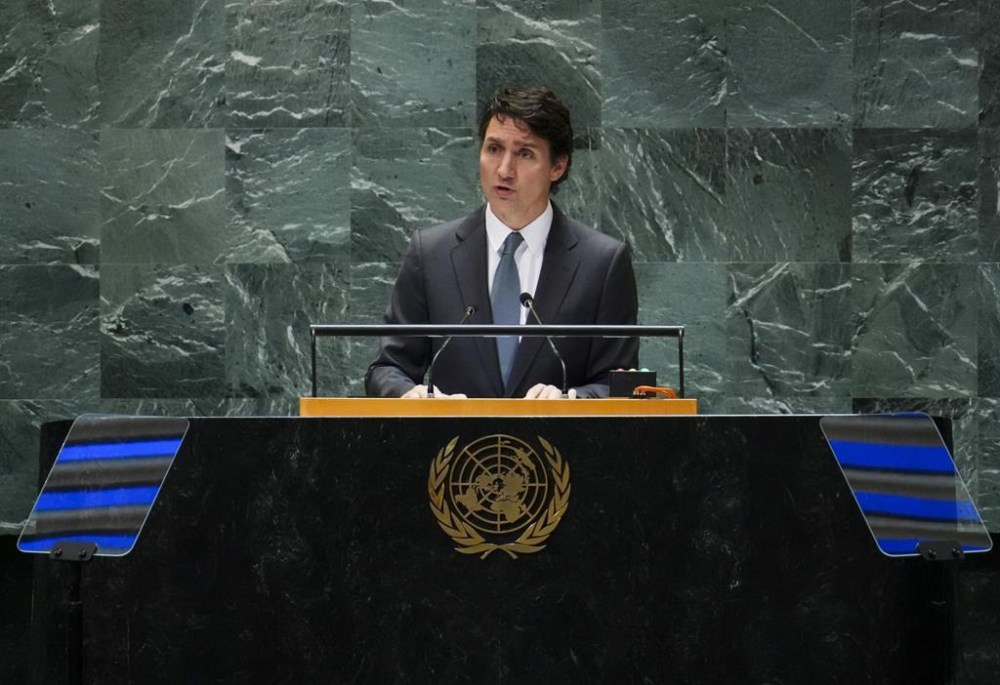Prime Minister Justin Trudeau delivers a speech during a plenary at the Summit of the Future at the United Nations headquarters in New York on Sunday, Sept. 22, 2024. THE CANADIAN PRESS/Sean Kilpatrick