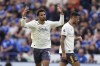 Everton's Iliman Ndiaye celebrates scoring during the English Premier League soccer match between Leicester City and Everton, at the King Power Stadium, in Leicester, England, Saturday, Sept. 21, 2024. (Joe Giddens/PA via AP)