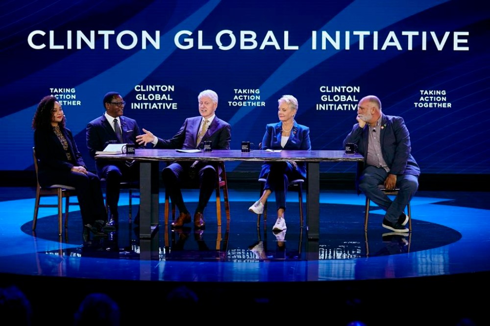 FILE -Bill Clinton, third left, speaks as Cindy McCain, Executive Director, World Food Programme, second right, Jose Andres, Founder and Chief Feeding Officer, World Central Kitchen, right, President of the Republic of Malawi, Lazarus Chakwera, second left, and Louise Emmanuelle Mabulo, Founder, The Cacao Project, left, listen during the Clinton Global Initiative, Sept. 19, 2023 in New York. (AP Photo/Andres Kudacki, File)