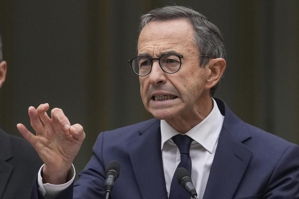 New French Interior Minister Bruno Retailleau, gestures as he delivers a speech during the handover ceremony at the ministry, Monday, Sept. 23, 2024 in Paris. (AP Photo/Christophe Ena)