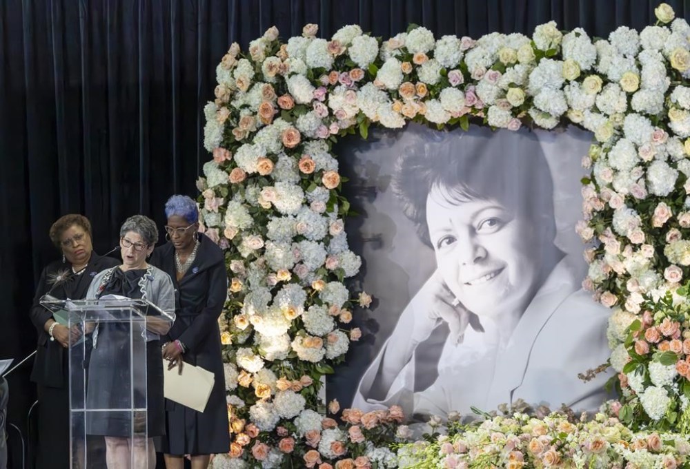 Terri Love, Madalyn Schenk and Kim Boyle pay personal tributes at the Celebration of Life for Sybil Haydel Morial at Xavier University of Louisiana, Monday, Sept. 23, 2024, in New Orleans. (Chris Granger/The Times-Picayune/The New Orleans Advocate via AP)