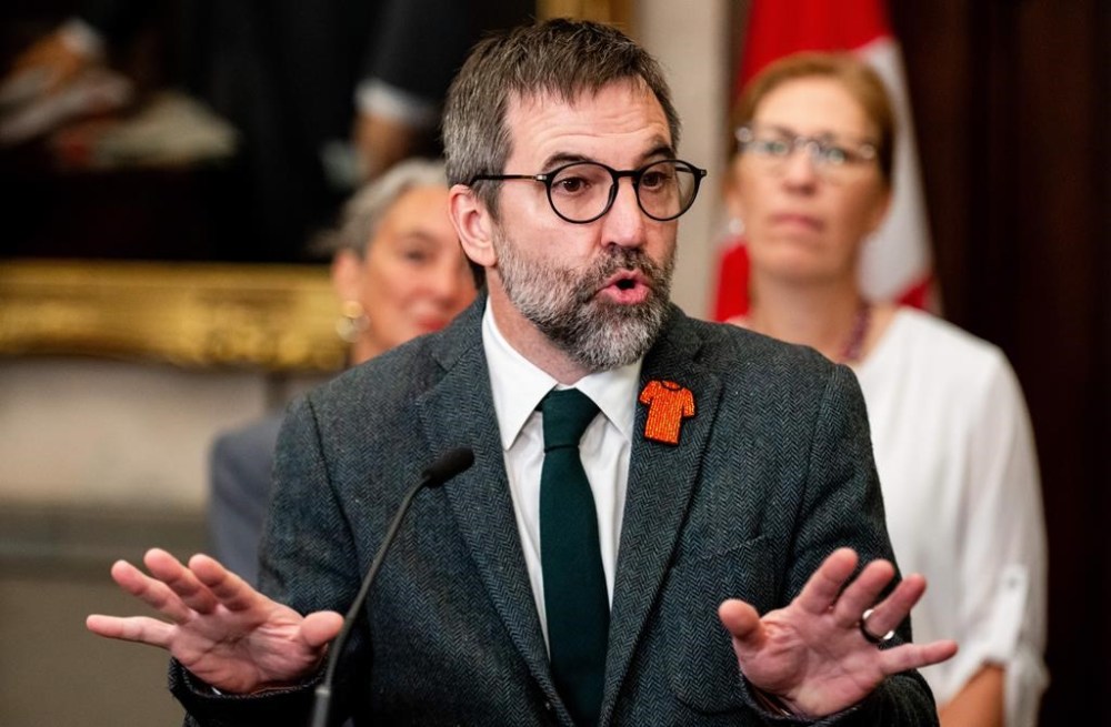 Steven Guilbeault, Minister of Environment and Climate Change, delivers remarks in the foyer of the House of Commons on Parliament Hill in Ottawa, on Tuesday, Sept. 24, 2024. THE CANADIAN PRESS/Spencer Colby