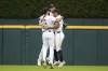 Detroit Tigers outfielders Riley Greene, from left, Parker Meadows and Wenceel Pérez celebrate after a baseball game against the Tampa Bay Rays, Tuesday, Sept. 24, 2024, in Detroit. (AP Photo/Paul Sancya)