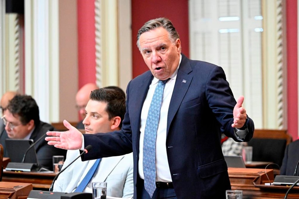 Quebec Premier Francois Legault responds to the Opposition on the Northvolt project, during question period, at the legislature in Quebec City, Tuesday. Several Indigenous groups are urging the Quebec government to distance itself from what they call a
