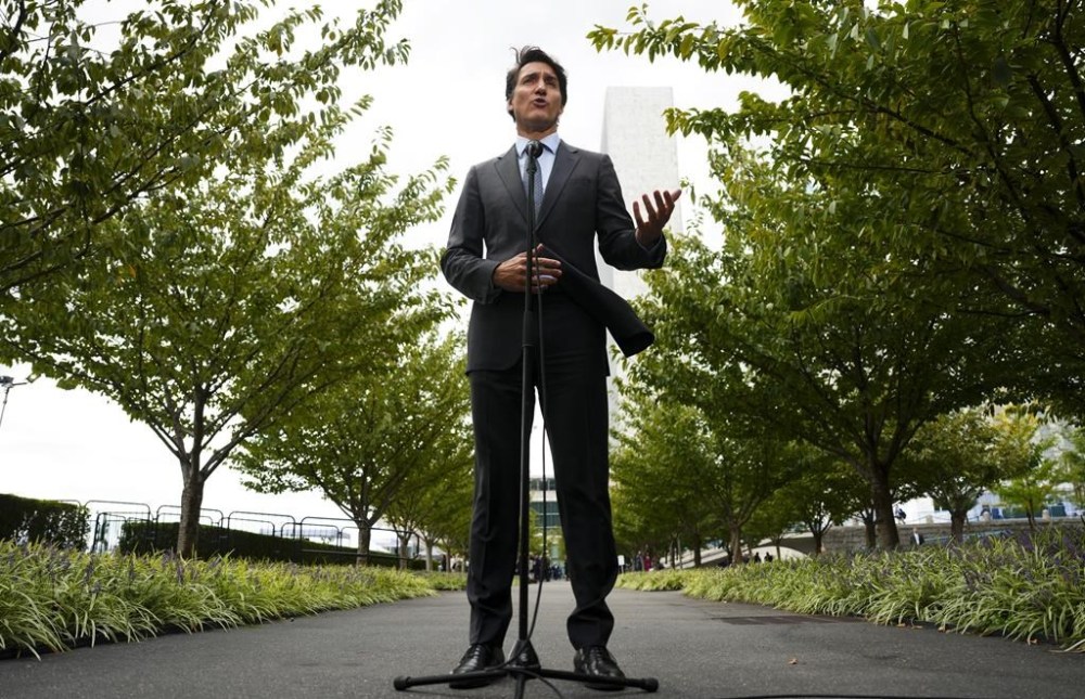 Prime Minister Justin Trudeau speaks to reporters during the 79th Session of the UN General Assembly at United Nations headquarters, Tuesday, Sept. 24, 2024. Prime Minister Justin Trudeau is back in Ottawa today as members of Parliament get set for a vote that could — but likely won't — bring down his minority government. THE CANADIAN PRESS/Sean Kilpatrick
