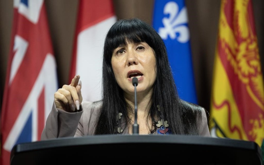 NDP MP for Winnipeg Centre Leah Gazan speaks during a news conference, Wednesday, Sept. 25, 2024 in Ottawa. Gazan has tabled a bill that would criminalize residential school denialism, saying it would help stop harm caused toward survivors, their families and communities. THE CANADIAN PRESS/Adrian Wyld