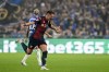 Genoa's Andrea Pinamonti celebrates after scoring goal during an Italian Cup soccer match between Genoa and Sampdoria at Luigi Ferraris Stadium, Wednesday, Sept. 25, 2024, in Genoa, Italy. (Tano Pecoraro/LaPresse via AP)