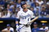 FILE - Kansas City Royals' Drew Waters reacts after striking out against the Chicago White Sox during the seventh inning of a baseball game, Saturday, July 20, 2024, in Kansas City, Mo. (AP Photo/Reed Hoffmann)