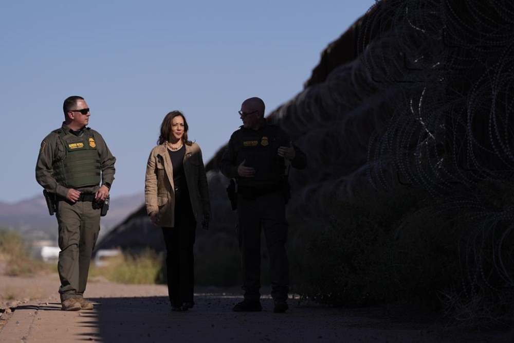 Democratic presidential nominee Vice President Kamala Harris visits the U.S. border with Mexico in Douglas, Ariz., Friday, Sept. 27, 2024. (AP Photo/Carolyn Kaster)