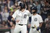 Detroit Tigers' Matt Vierling reacts after scoring during the seventh inning of a baseball game against the Chicago White Sox, Friday, Sept. 27, 2024, in Detroit. (AP Photo/Carlos Osorio)
