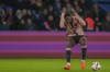 PSG's Ousmane Dembele reacts during the French League One soccer match between Paris Saint-Germain and Rennes at the Parc des Princes in Paris, Friday, Sept. 27, 2024. (AP Photo/Thibault Camus)