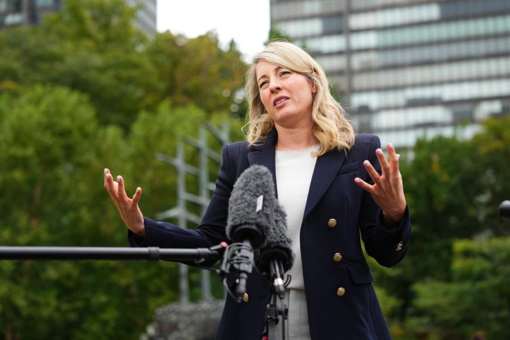 Melanie Joly, Minister of Foreign Affairs, speaks to reporters at the United Nations headquarters on Monday, Sept. 23, 2024. Joly is asking members of the United Nations to counter growing polarization in geopolitics.THE CANADIAN PRESS/Sean Kilpatrick