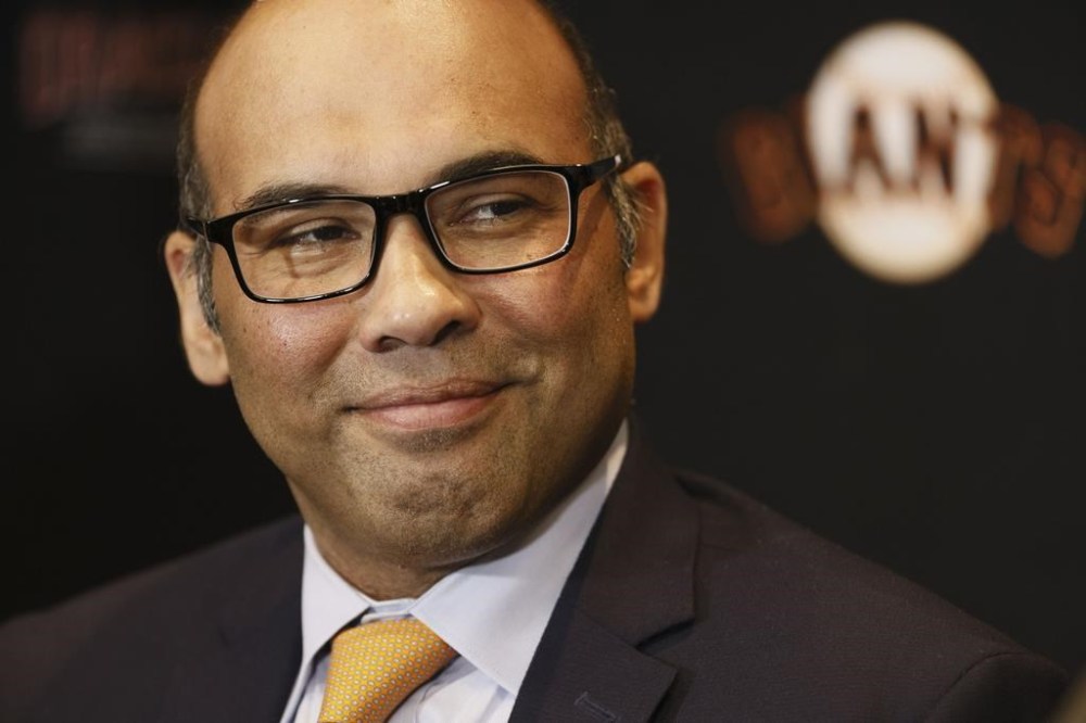 San Francisco Giants president of baseball operations Farhan Zaidi attends a news conference about third baseman Matt Chapman's contract extension at Oracle Park in San Francisco, Thursday, Sept. 5, 2024. (Santiago Mejia/San Francisco Chronicle via AP)