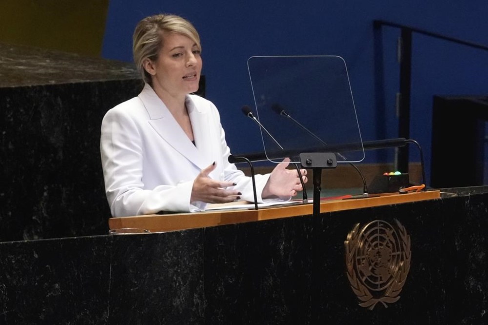 Foreign Affairs Minister Mélanie Joly is asking members of the United Nations to counter growing political polarization. Joly addresses the 79th session of the United Nations General Assembly, Monday, Sept. 30, 2024. THE CANADIAN PRESS/AP-Richard Drew