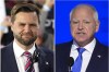 This combination of images shows Republican vice presidential nominee Sen. JD Vance, R-Ohio, at left in Erie, Pa., Aug. 28, 2024, and Democratic vice presidential candidate Minnesota Gov. Tim Walz speaking at the DNC in Chicago, Aug. 21, 2024, in Chicago. THE CANADIAN PRESS/AP