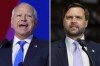 This combination of photos shows Democratic vice presidential candidate Minnesota Gov. Tim Walz, left, at the DNC on Aug. 21, 2024, in Chicago, and Republican vice presidential nominee Sen. JD Vance, R-Ohio, on Sept. 25, 2024, in Traverse City, Mich. THE CANADIAN PRESS/AP