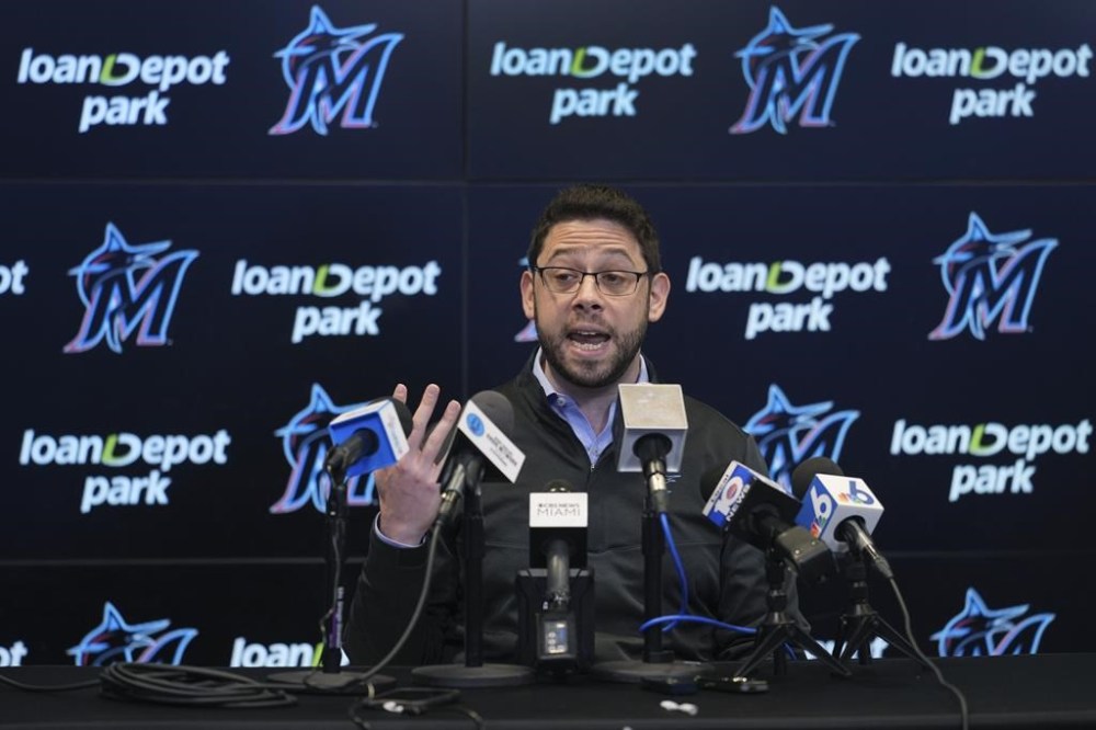 Miami Marlins President of Baseball Operations, Peter Bendix, speaks during an end-of-season news conference, Tuesday, Oct. 1, 2024, in Miami. (AP Photo/Wilfredo Lee)