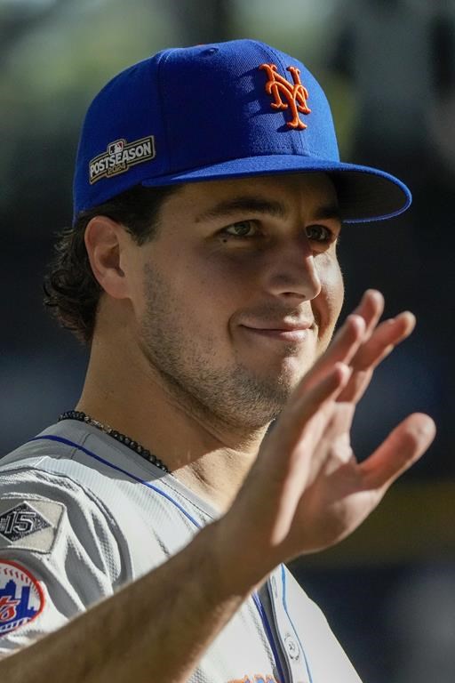 New York Mets' Max Kranick is seen is seen before Game 1 of a National League wild card baseball game against the Milwaukee Brewers Tuesday, Oct. 1, 2024, in Milwaukee. (AP Photo/Morry Gash)