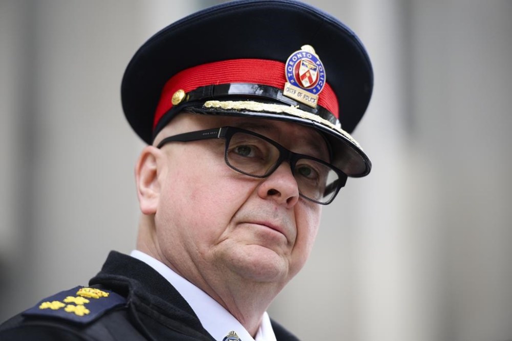 Toronto Police Chief Myron Demkiw speaks to media in Toronto on Sunday, April 21, 2024. Toronto police say they’ll be increasing police presence across the city ahead of Oct. 7, with multiple command posts in Jewish neighbourhoods and near religious institutions as reported hate crimes in the city soar.THE CANADIAN PRESS/Christopher Katsarov