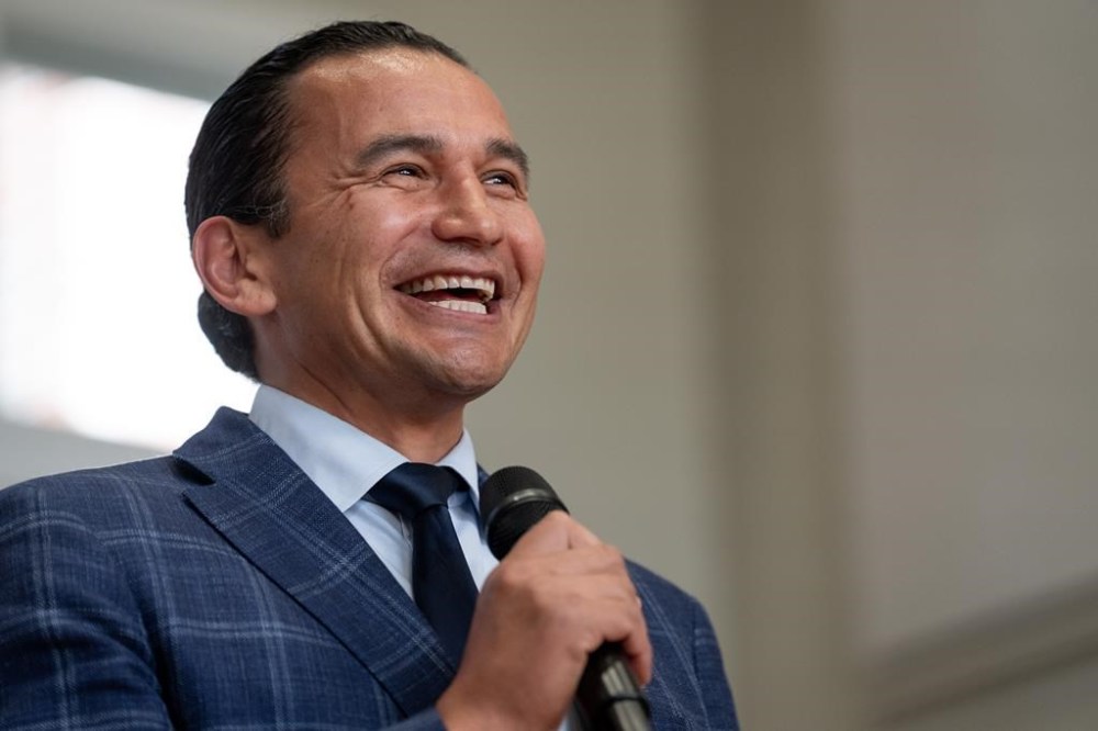 Manitoba Premier Wab Kinew speaks during a B.C. NDP campaign event in Vancouver, Thursday, Sept. 12, 2024. THE CANADIAN PRESS/Ethan Cairns