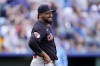 FILE - Cleveland Guardians relief pitcher Emmanuel Clase reacts after a baseball game against the Kansas City Royals, Sept. 2, 2024, in Kansas City, Mo. (AP Photo/Charlie Riedel, File)