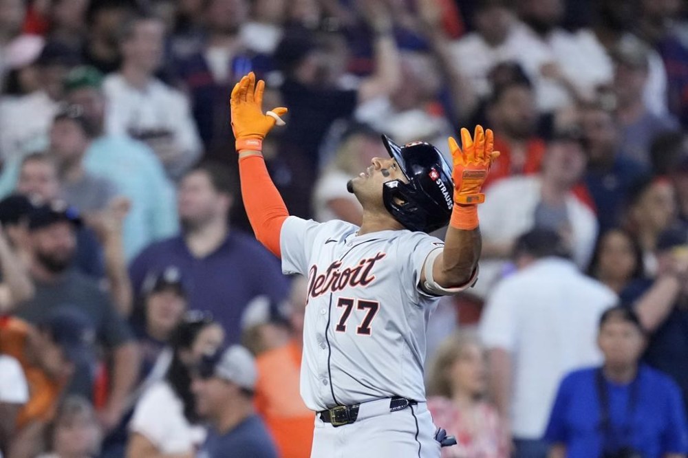 Detroit Tigers' Andy Ibanez celebrates his bases-clearing double against the Houston Astros in the eighth inning of Game 2 of an AL Wild Card Series baseball game Wednesday, Oct. 2, 2024, in Houston. (AP Photo/Kevin M. Cox)