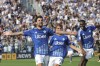 Como's Patrick Cutrone celebrates scoring during a Serie A soccer match between Como and Verona at the Giuseppe Sinigaglia stadium in Como, northern Italy, Sunday, Sept. 29, 2024.(Antonio Saia/LaPresse via AP)