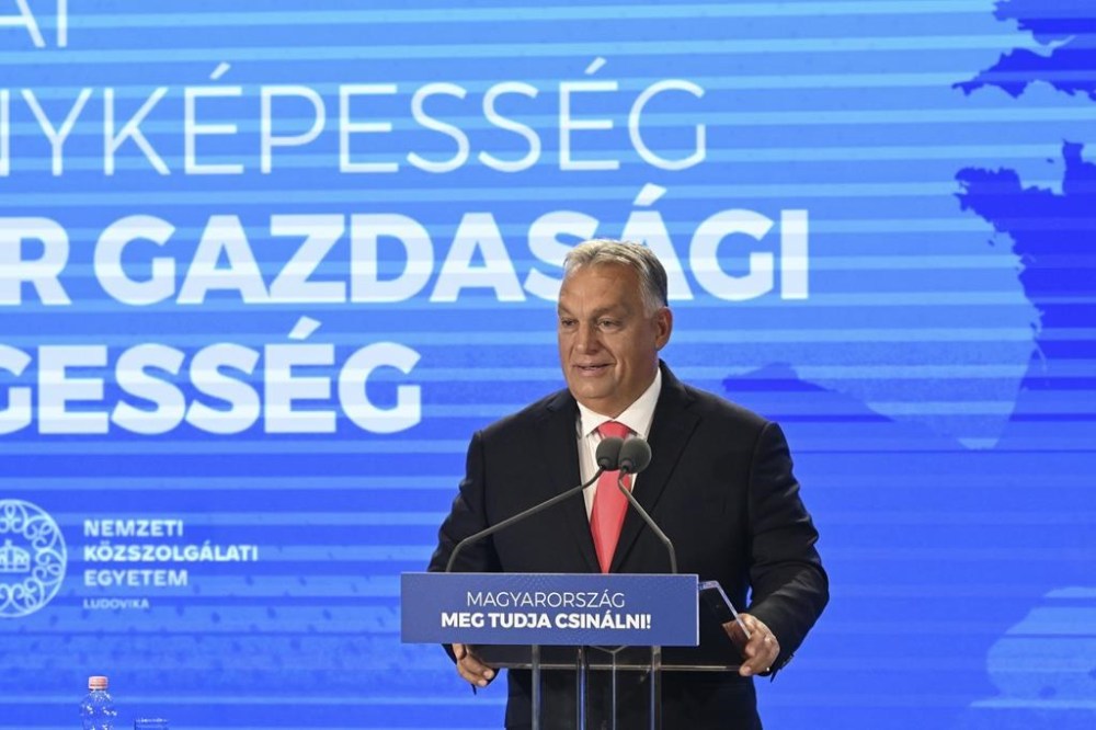 Hungarian Prime Minister Viktor Orban speaks during a conference at the Ludovika University of Public Service, in Budapest, Hungary, Wednesday, Sept. 25, 2024. (Szilard Koszticsak/MTI via AP)