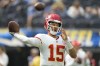 Kansas City Chiefs quarterback Patrick Mahomes warms up before the start of an NFL football game against the Los Angeles Chargers Sunday, Sept. 29, 2024, in Inglewood, Calif. (AP Photo/Ashley Landis)