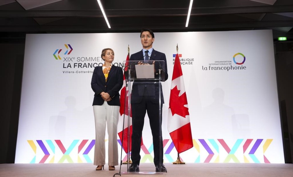 Prime Minister Justin Trudeau and Minister of Foreign Affairs Melanie Joly hold a press conference at the Francophonie Summit in Paris, France on Saturday, Oct. 5, 2024. THE CANADIAN PRESS/Sean Kilpatrick