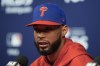 Philadelphia Phillies' Cristopher Sánchez speaks with members of the media ahead of Game 1 of a baseball NL Division Series against the New York Mets, Saturday, Oct. 5, 2024, in Philadelphia. (AP Photo/Chris Szagola)